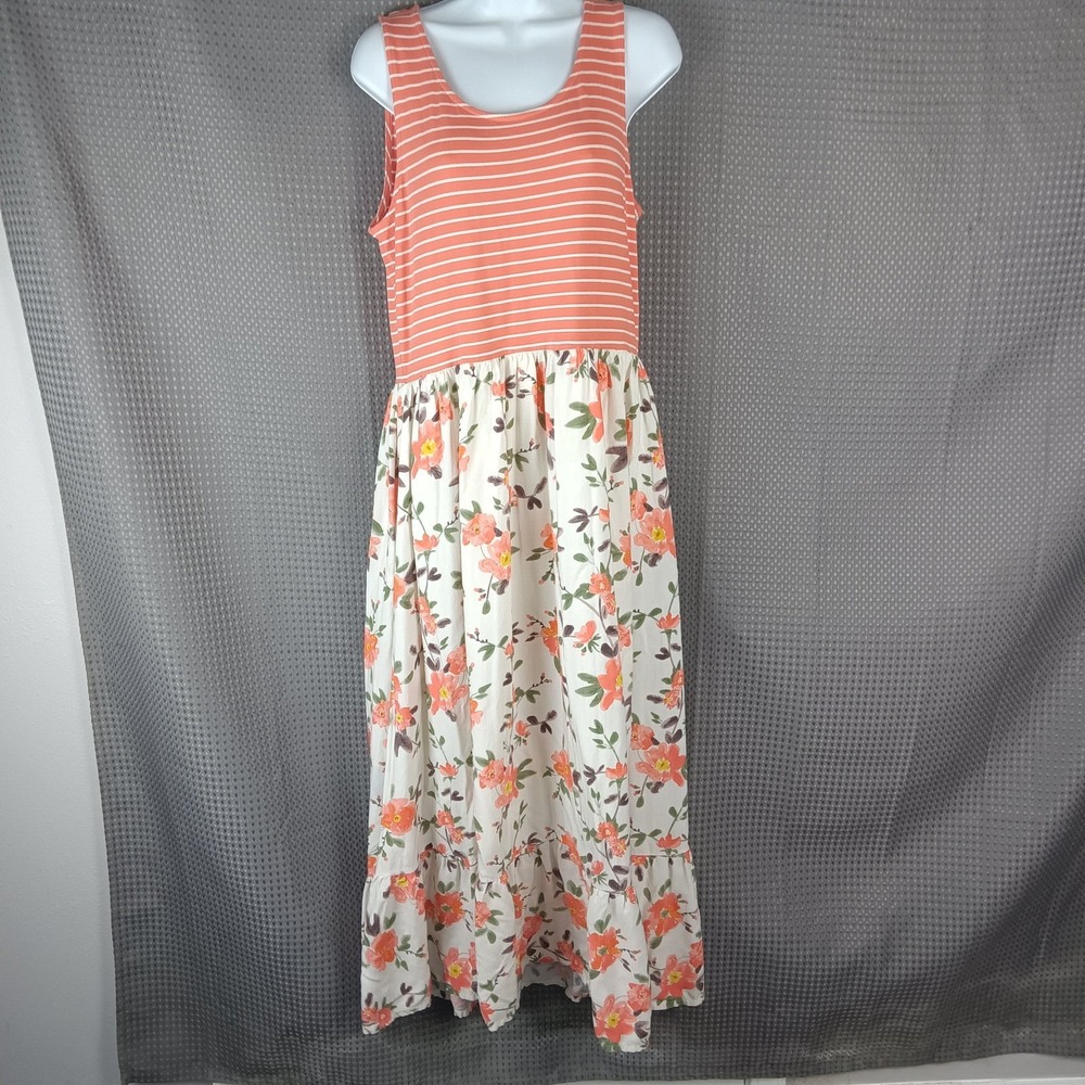 Matilda Jane Coral Striped Tank with Ivory Floral Maxi dress